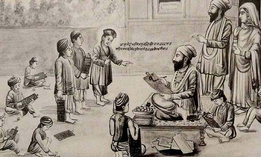 A young Guru Nanak being taught by his teacher in school