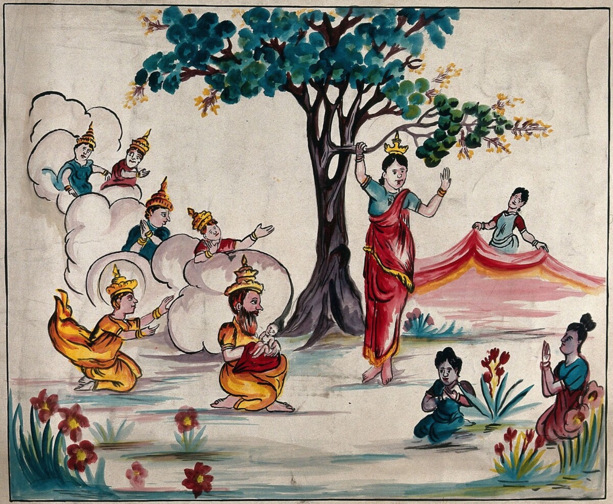 Various servants watch as Buddha is born to Queen Maya under a tree in a grove.