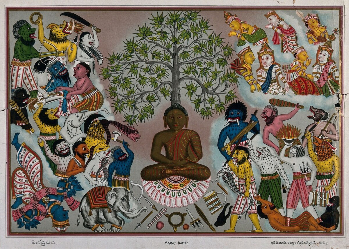 Various beings, representing different mental obstacles to enlightenment, surround Siddhartha Gautama as he meditates under a tree during his night of awakening.