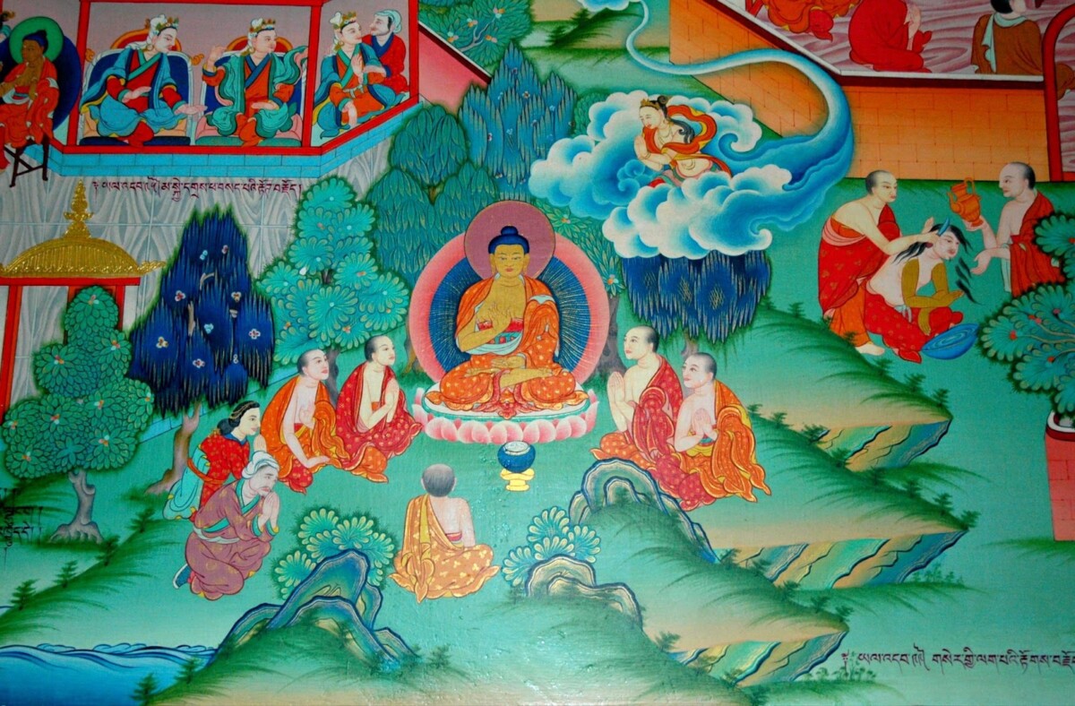 Various devotees surround Siddhartha Gautama (now revered as the Buddha) as he teaches them what he realized during his night of awakening