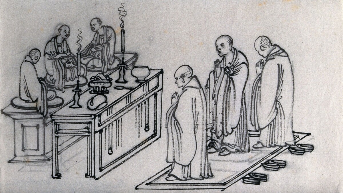 a sketch of six Buddhist monks at a shrine offering prayers