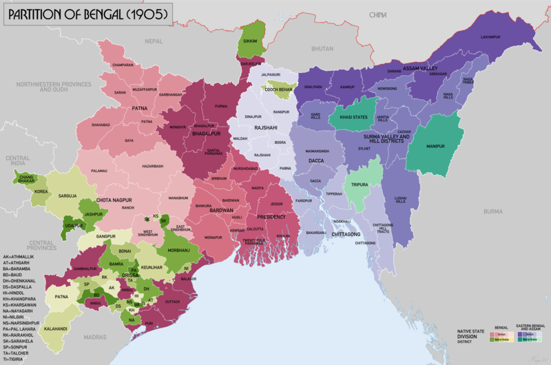 A detailed display of Bengal and how it was divided during the 1905 partition.