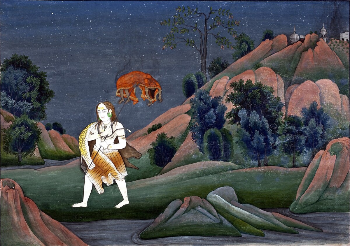 Grief-stricken by the sudden death of his wife, Shiva carries Sati’s body on his trident, wreaking havoc across the universe in a maddened state of fury