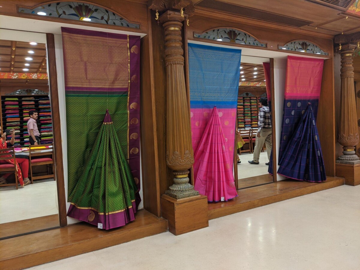 - Colorful sarees on display at a saree shop in South India