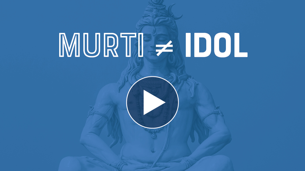 A depiction of Lord Shiva in a meditative pose with the text "Murti ≠ Idol," emphasizing the difference between the Hindu concept of murtis and the term "idol."