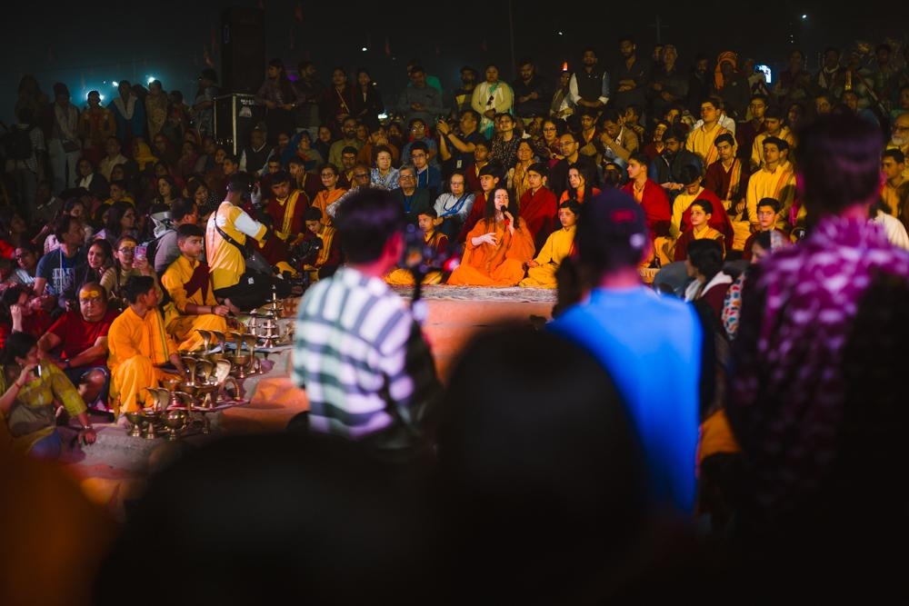 Sadhvi Bhagawati speaks to a crowd at the 2025 Kumbh Mela, Prayagraj, India